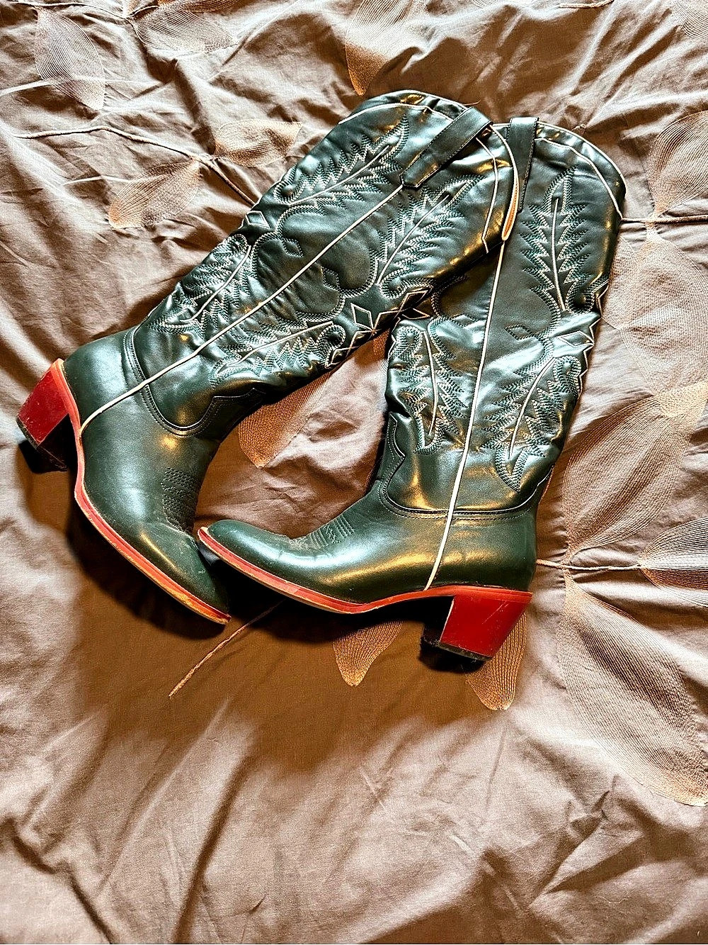Green Embroidered Heeled Western Boots
